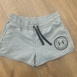 Under Armour women's fleece boxer workout shorts. Size M. Grey with black logo.